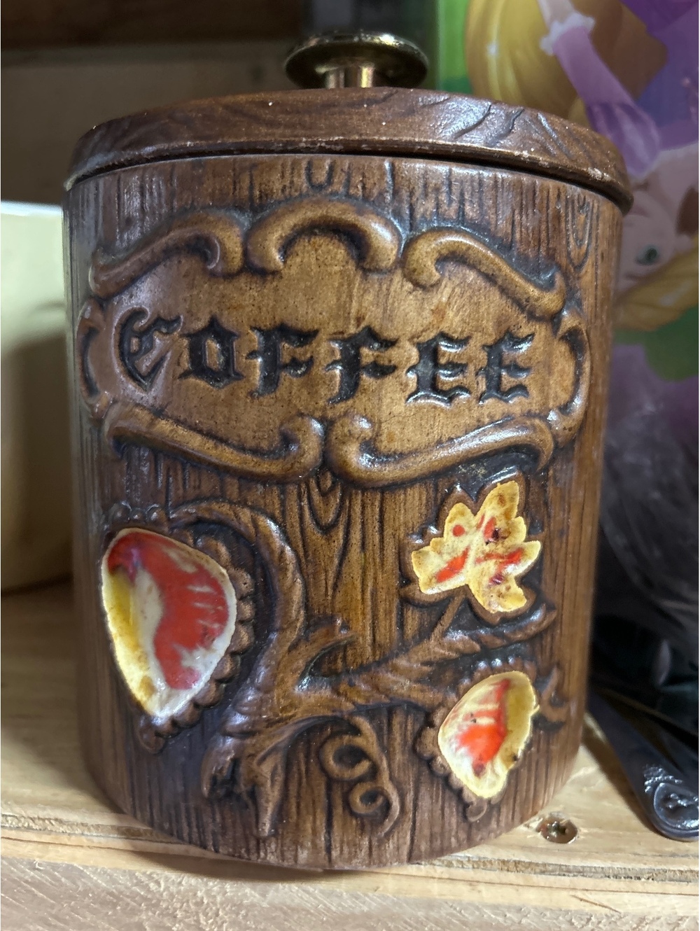 VTG Treasure Craft Canister Ceramic Wood Grain Coffee Jar Red Apple Kitschy